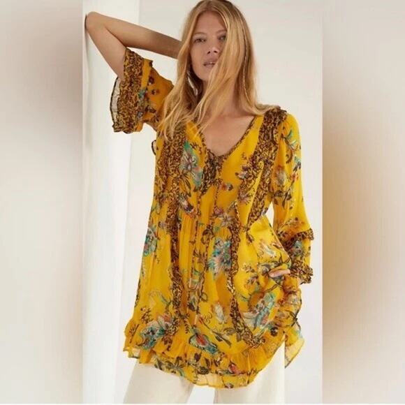Anthropologie Tops - Anthropologie Marigold Yellow Bright Floral Ruffle V-neck Sheer Tunic Blouse